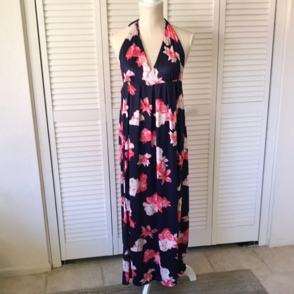 FLORAL HALTER MAXI DRESS, wrap front skirt, size M navy w/ roses sundress